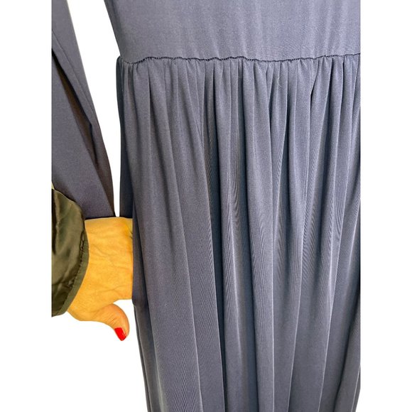 Vintage Navy Blue Full-Length Maxi Dress Long-Sleeve Round-Neckline Gathered-Wai - Picture 4 of 4